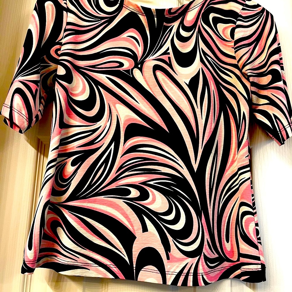 VINTAGE light fabric petite small pink black and white 3/4 quarter sleeve top